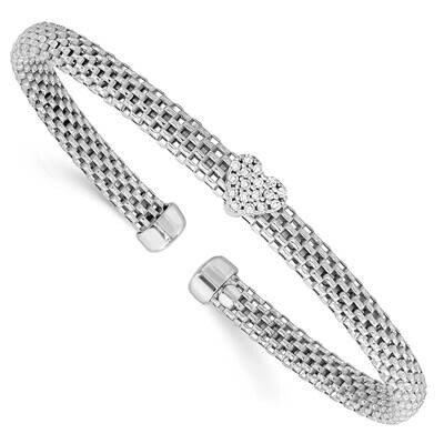 CZ Diamond Heart Mesh Cuff Bangle Sterling Silver Rhodium-Plated Polished QB1439, MPN: QB1439, 1911…