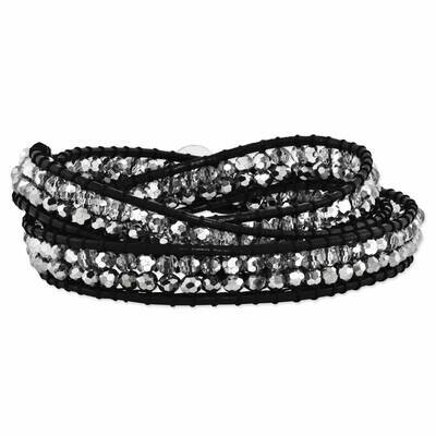 Grey and Clear Crystal Bead and Leather Bracelet Multi Wrap BF1626, MPN: BF1626, 886774613154