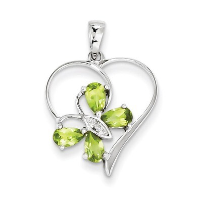 Peridot &amp; Diamond Butterfly Heart Pendant Sterling Silver Rhodium QDX806, MPN: QDX806, 883957501451