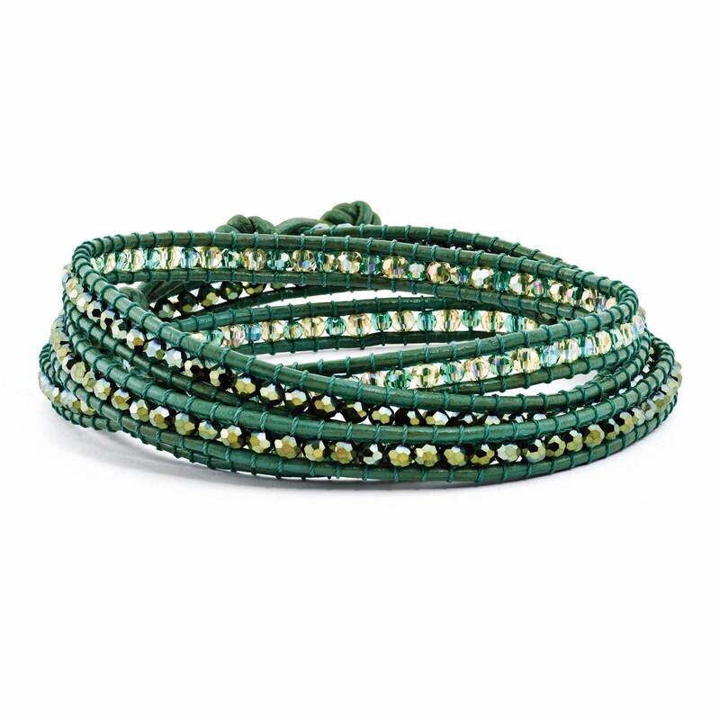 Green Leather Green Crystal Beaded Multi Wrap Button Bracelet Brass BF2095