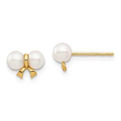 3-4mm White Round Freshwater Cultured Pearl Bow Post Earrings 14k Gold SE2973 by Madi K, MPN: SE297…