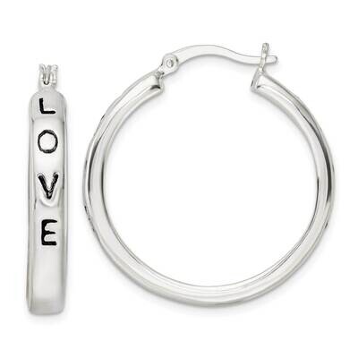 Black Enamel Love Circle Hoop Earrings Sterling Silver Polished QE16464, MPN: QE16464, 196904165737