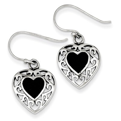 Onyx Heart Shepherd Hook Antiqued Earrings Sterling Silver QE8717, MPN: QE8717, 883957008493