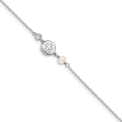CZ Diamond, Cross &amp; Freshwater Cultured Pearl with .5in ext Bracelet Sterling Silver Rhodium-plated…