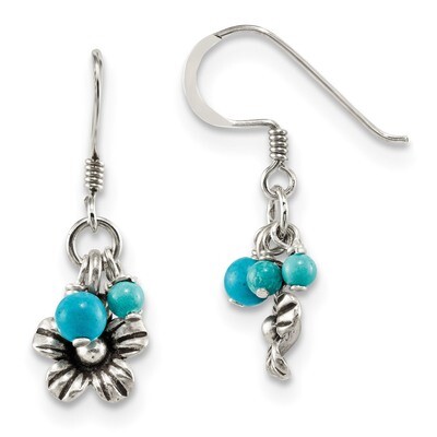 Turquoise Howlite Recon. Magnesite Flower Shepherd Hook Earrings Sterling Silver QE13108, MPN: QE13…