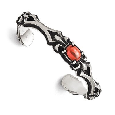 Polished Antiqued Fleur De Lis Red Glass Cuff Bangle - Stainless Steel SRB1578 by Chisel, MPN: SRB1…