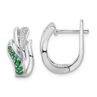 Green &amp; White CZ Diamond Hinged Hoop Earrings Sterling Silver Rhodium-Plated QE15777, MPN: QE15777,…