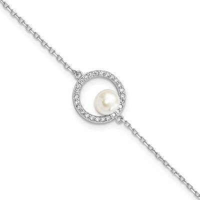 CZ Diamond 6-7mm White Button Cultured Freshwater Pearl with 1.25 Inch Extender Bracele Sterling Si…