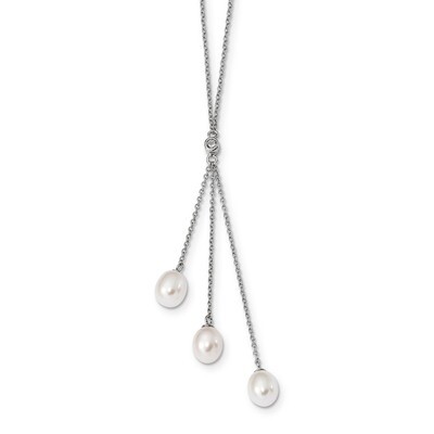 7-8mm White Rice Cultured Freshwater Pearl CZ Diamond Necklace 18 Inch Sterling Silver Rhodium-plat…
