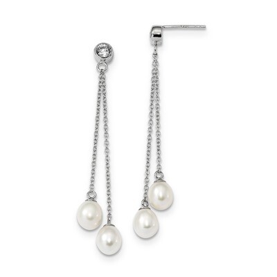 6-7mm Rice Cultured Freshwater Pearl CZ Diamond Post Dangle Earrings Sterling Silver Rhodium-plated…