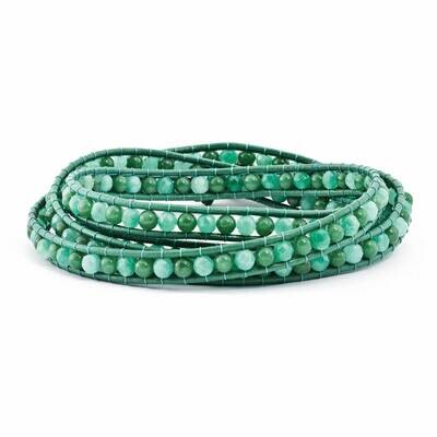 Green Aventurine Green Quartz Fw Cultured Pearl Clasp Leather Wrap Bracelet BF2090