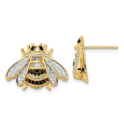 Black White Rh-Plated Gold Tone CZ Diamond Bumblebee Post Earrings Sterling Silver QE15789, MPN: QE…