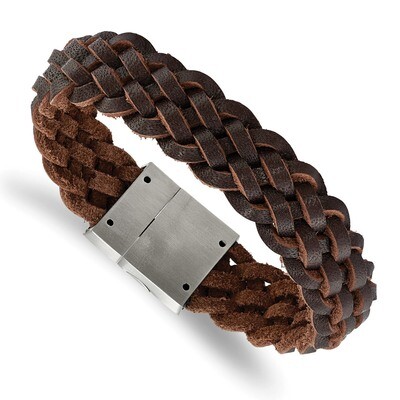 Brown Leather Braided Bracelet Stainless Steel Brushed SRB2232-8.5 by Chisel, MPN: SRB2232-8.5, 191…