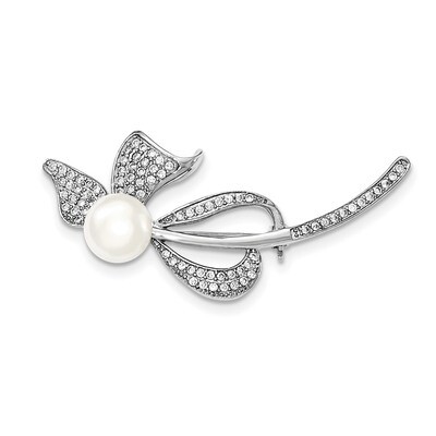 9-10mm White Cultured Freshwater Pearl CZ Diamond Bow Pin Sterling Silver Rhodium-plated QP4671, MP…