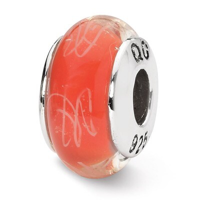 Orange White Scribbles Hand-blown Glass Bead - Sterling Silver QRS1298, MPN: QRS1298, 883957302584