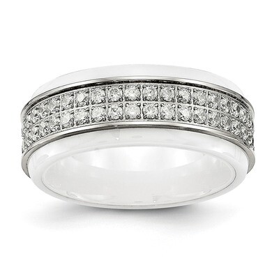White Ceramic CZ Diamond Ridged edge Ring Stainless Steel Polished SR565, MPN: SR565, 191101853296
