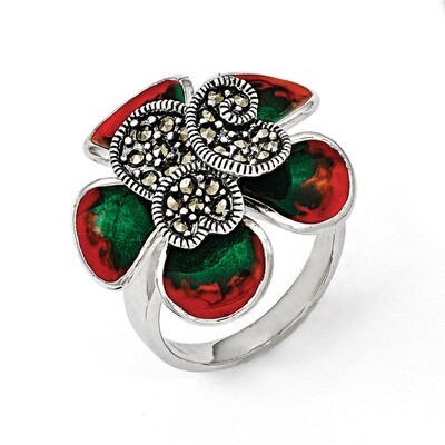 Marcasite &amp; Enamel Flower Ring Sterling Silver QR5895-6