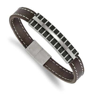 Black IP Lasercut Brown Leather 8.25 Inch Bracelet Stainless Steel Polished SRB1926-8.25 by Chisel,…