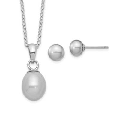 Sterling Silver Rhd-Plt 7-8mm /6-7mm Grey Pearl Necklace Earrings Set Sterling Silver Rhodium-plate…