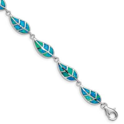 Created Blue Opal Inlay Leaf Bracelet Sterling Silver Rhodium-plated QG4823-7.5, MPN: QG4823-7.5, 8…