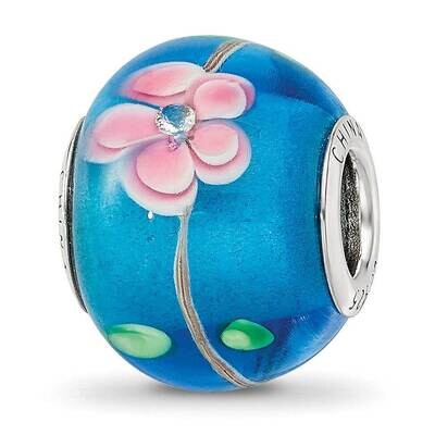 Reflections Cz Blue &amp; Pink Floral Blue Glass Bead Sterling Silver QRS3844, MPN: QRS3844,