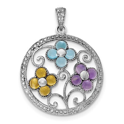 Citrine Bl Topaz &amp; Amethyst Flower Pendant Sterling Silver Rhodium-plated QP4514, MPN: QP4514,