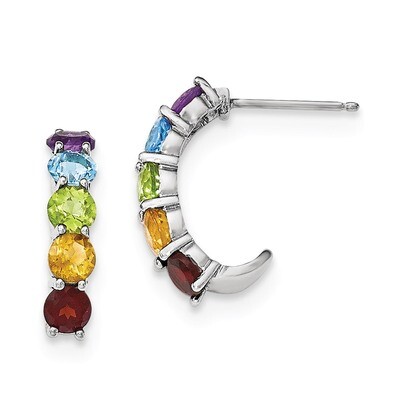 Multi Gemstone J-Hoop Earrings Sterling Silver Rhodium-plated QE12617M, MPN: QE12617M, 741271853581