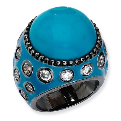 Sterling Silver Enameled Simulated Turquoise &amp; Cz Ring Black-plated QCM543-6