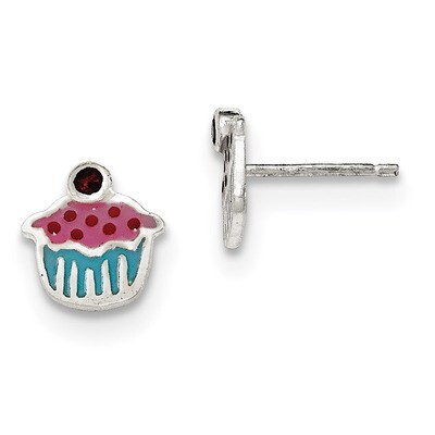 Enamel Garnet Cupcake Childs Post Earrings Sterling Silver Polished QE12922, MPN: QE12922, 19110123…