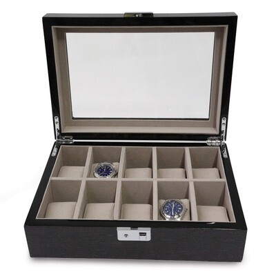 Lacquered Steel Gray Wood 10 Watch Case with Glass Top GM13149, MPN: GM13149, 797140596462