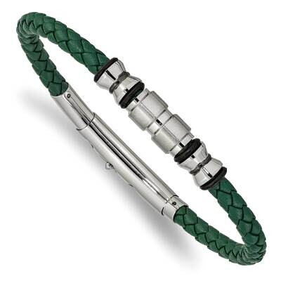 Polished Black Ip Rubber Green Leather Adjustable Bracelets Stainless Steel Brushed SRB2419, MPN: S…