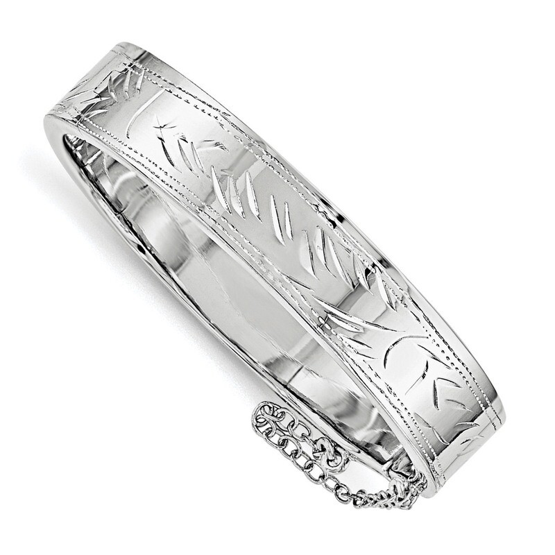 Rhodium Plated Textured with Safety Hinged Child&#39;s Bangle Sterling Silver QB820