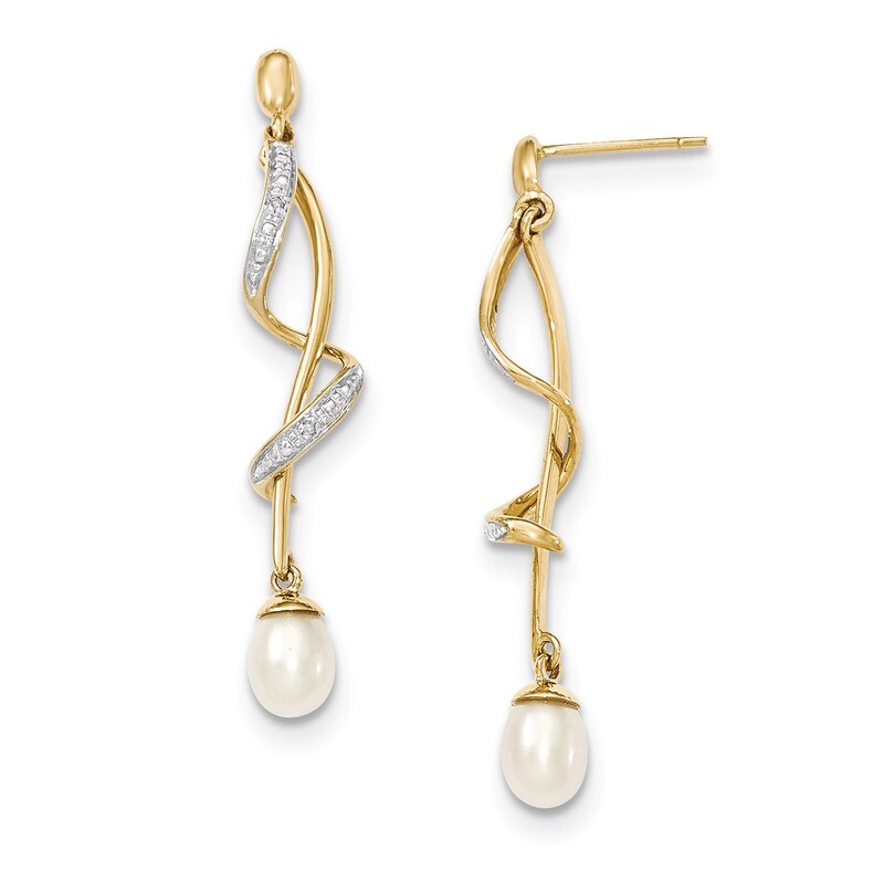 Diamond and 7x5mm Egg Cultured Pearl Post Dangle Earrings 14k Gold XE2514AA, MPN: XE2514AA, 8839574…