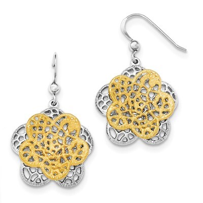 Rhodium-plated Gold-tone Flower Dangle Earrings Sterling Silver QE12125