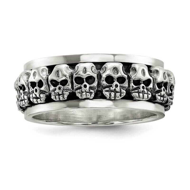 Spinning Center Antiqued Skull Ring Sterling Silver Polished QR6775, MPN: QR6775, 886774109077