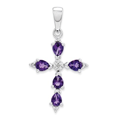 Pear Amethyst Cross Pendant Sterling Silver Rhodium QDX365, MPN: QDX365, 883957459448