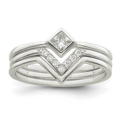 Square CZ Diamond 3 Ring Set Sterling Silver Polished QR7289, MPN: QR7289,