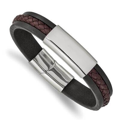 Black &amp; Brown Braided Leather 8.25 Inch Id Bracelet Stainless Steel Polished SRB2400-8.25, MPN: SRB…