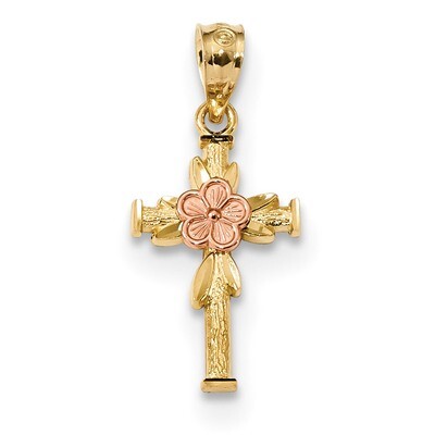 Polished Diamond -cut Cross with Flower Pendant 14k Two-tone Rose Gold K6160, MPN: K6160, 886774097…
