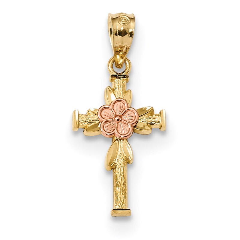 Polished Diamond -cut Cross with Flower Pendant 14k Two-tone Rose Gold K6160, MPN: K6160, 886774097…