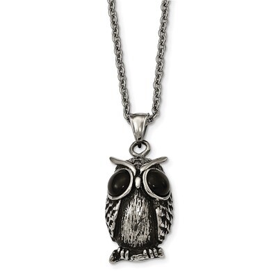 Antiqued and Polished Black Glass Owl Necklace Stainless Steel SRN1844-22