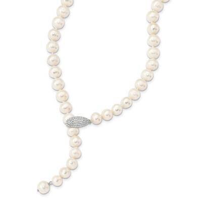 9-10mm White Semi-Round Cultured Freshwater Pearl Adj Necklace Sterling Silver Rhodium-plated QH562…