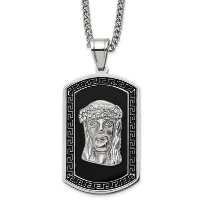 24 Inch Polished Dogtag Black Enamel &amp; Crystal Jesus Necklace Stainless Steel SRN2830-24 by Chisel,…