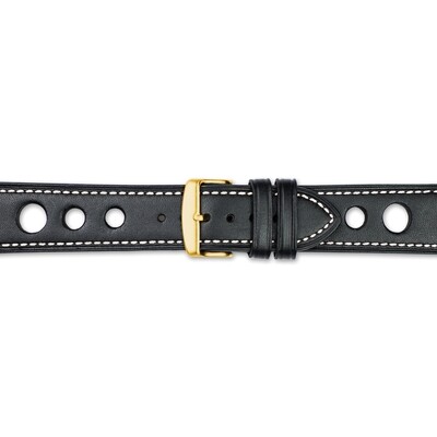 24mm Black Grand Prix Leather White Stitch Gold-tone Buckle Watch Band  BA370-24, MPN: BA370-24,