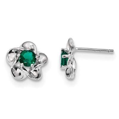 Floral Created Emerald Post Earrings Sterling Silver Rhodium-plated QBE31MAY, MPN: QBE31MAY, 191101…