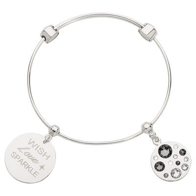 Nikki Lissoni Charm Bangle with Two Fixed Charms Wish Love Sparkle Sparkling Beauty In Grey Clear B…