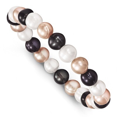 8-9mm Cultured White Peach Black Pearl Stretch Bracelet Sterling Silver QH4648, MPN: QH4648, 815479…