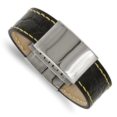 Black Leather/Yellow Stitch ID Bracelet Stainless Steel Polished SRB2033-8 by Chisel, MPN: SRB2033-…
