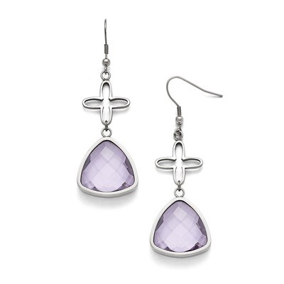 Polished Flower Purple Glass Shepherd Hook Earrings - Stainless Steel SRE840 by Chisel, MPN: SRE840,
