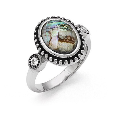 Polished and Antiqued Synthetic Abalone and Synthetic Diamond Ring - Stainless Steel SR355 by Chise…